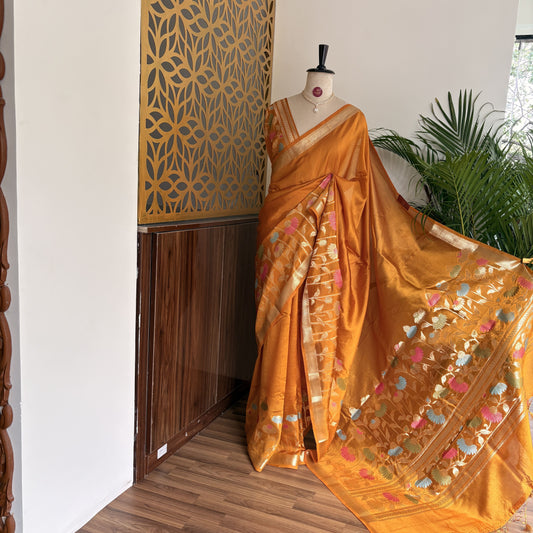 Yellow Semi Raw Silk Banarasi Saree