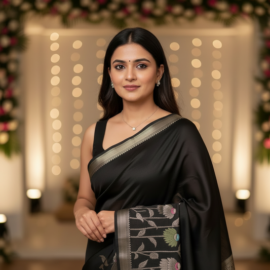 Black Semi Raw Silk Banarasi Saree