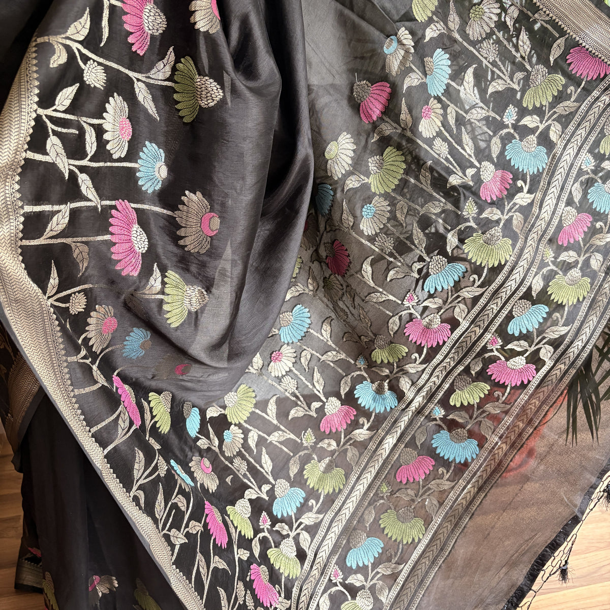 Black Semi Raw Silk Banarasi Saree