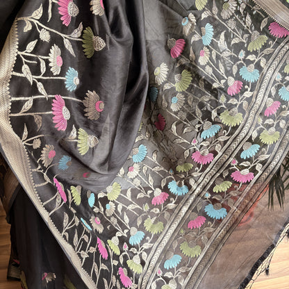 Black Semi Raw Silk Banarasi Saree