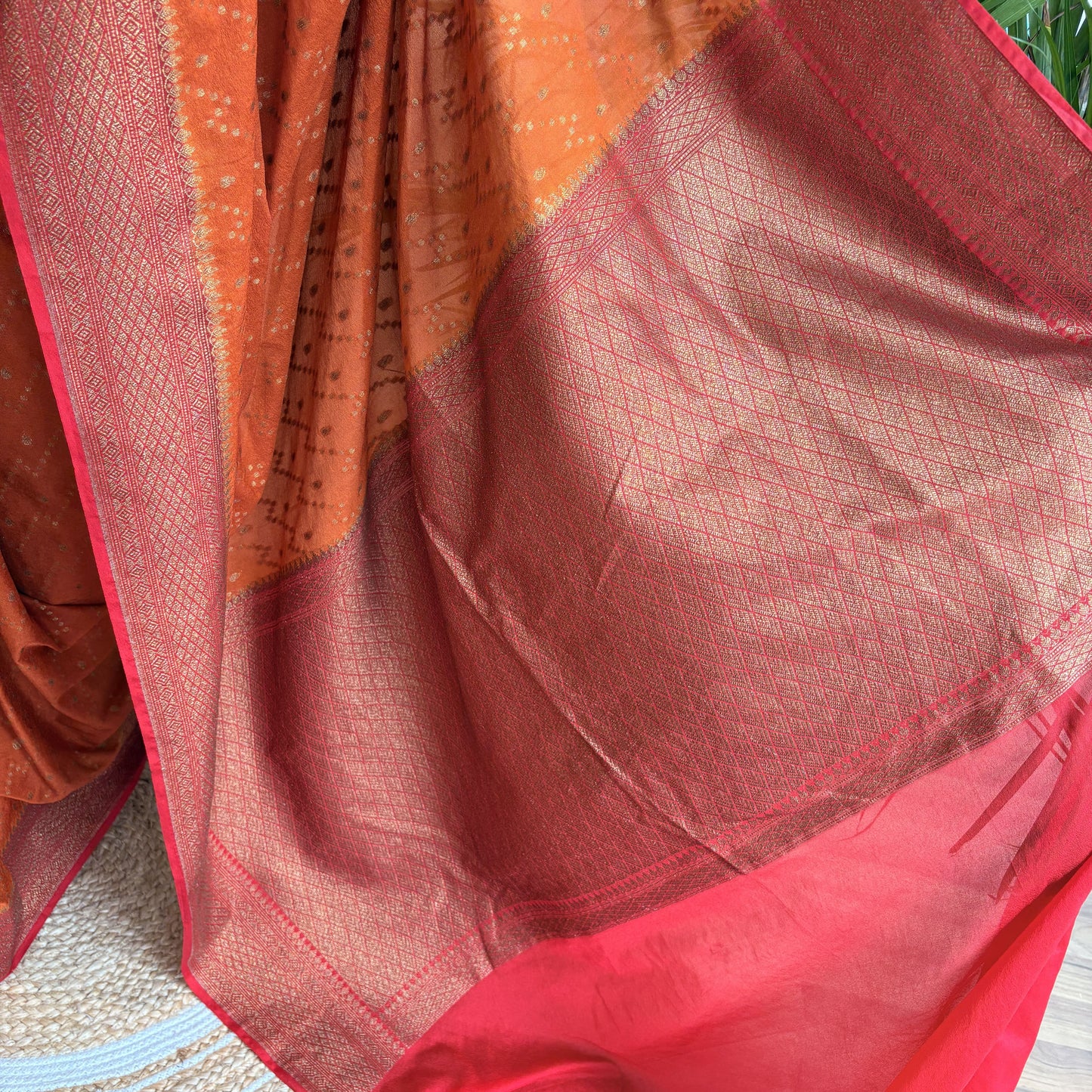 Rust Orange Crepe Georgette Semi Banarasi Saree