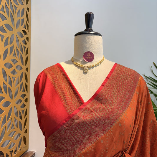 Rust Orange Crepe Georgette Semi Banarasi Saree