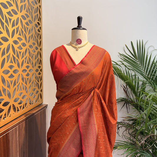 Rust Orange Crepe Georgette Semi Banarasi Saree