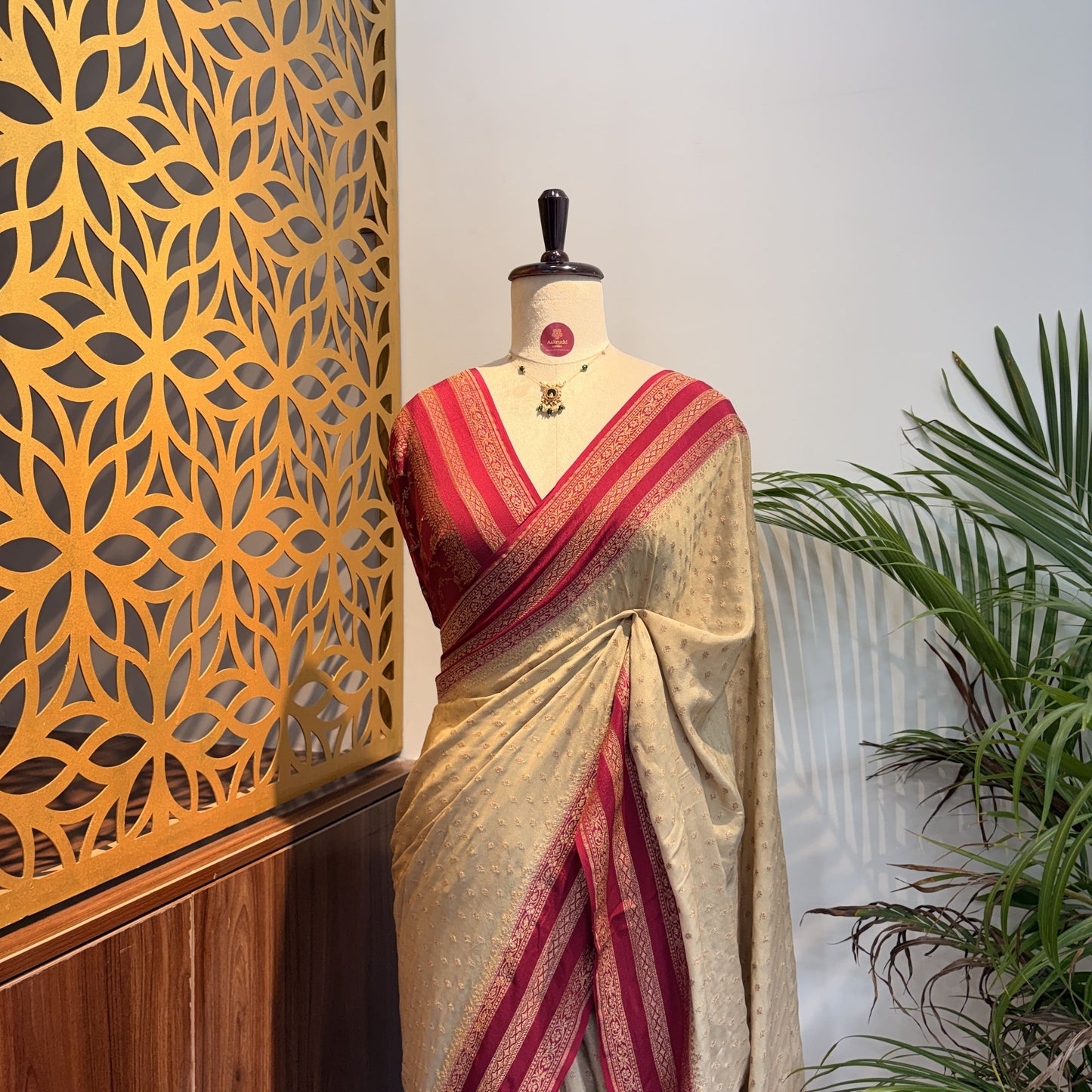 Cream Banarasi Pure Crepe Saree