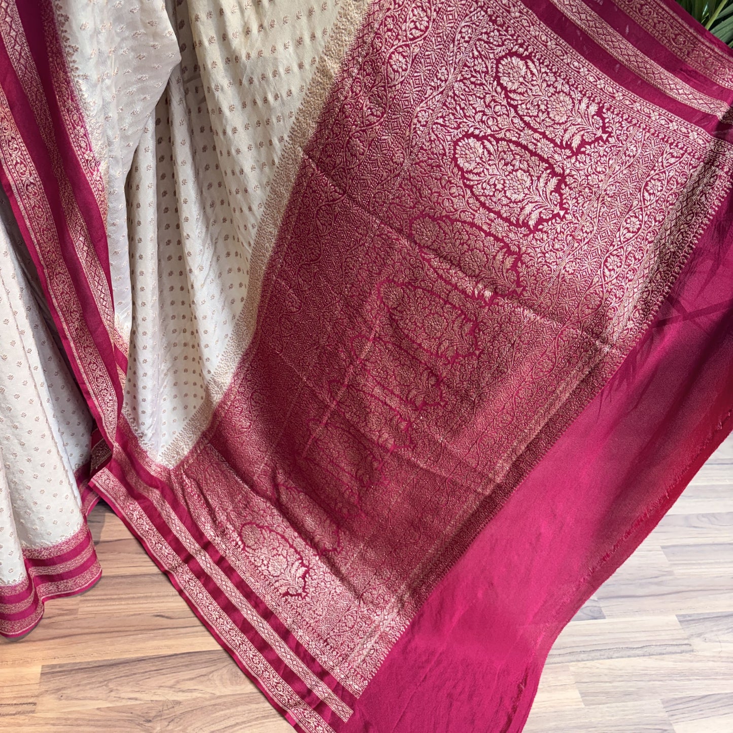 Cream Banarasi Pure Crepe Saree