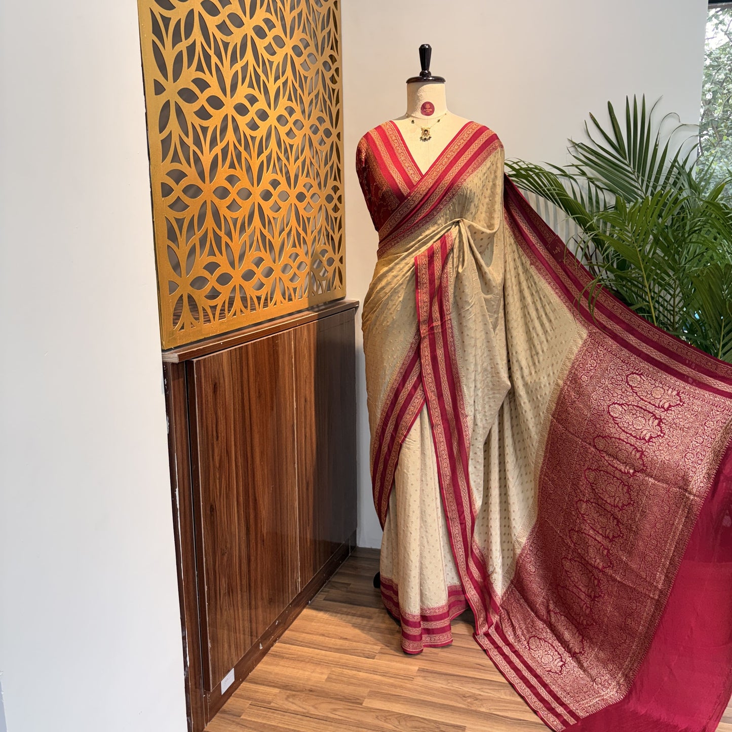 Cream Banarasi Pure Crepe Saree