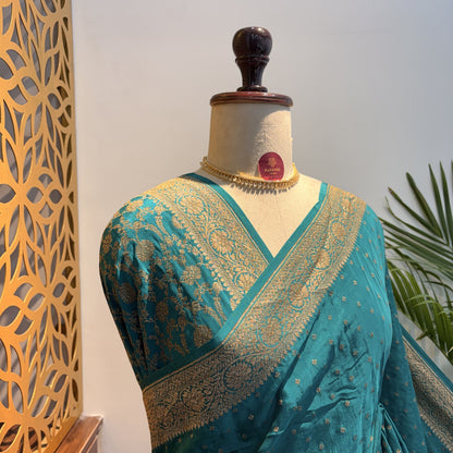 Rama Green Banarasi Pure Crepe Saree