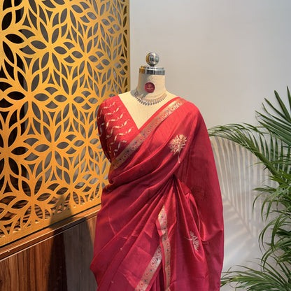 Red Semi Raw Silk Banarasi Saree