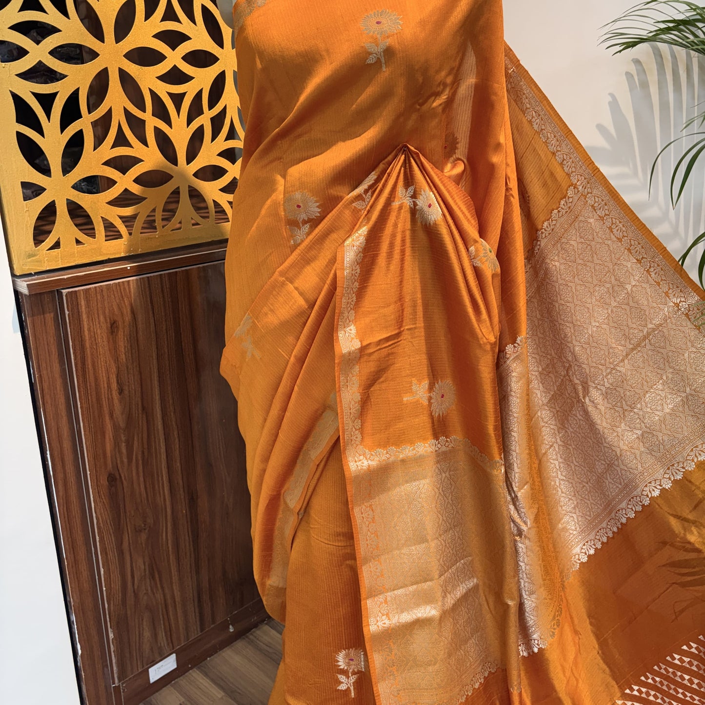 Yellow Semi Raw Silk Banarasi Saree