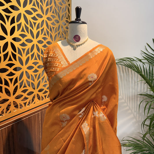 Yellow Semi Raw Silk Banarasi Saree