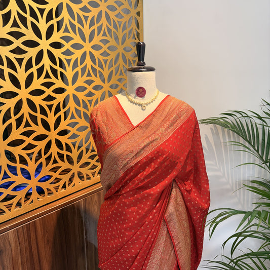 Orange Banarasi Pure Crepe Saree
