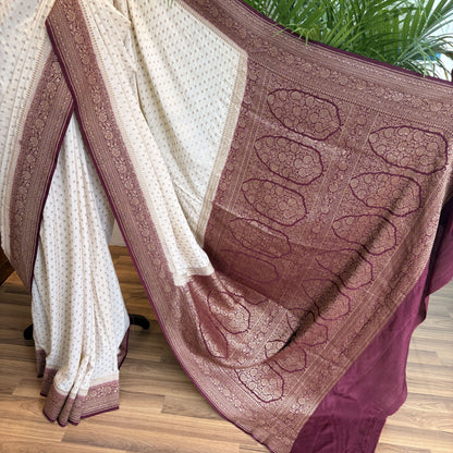 Cream Banarasi Pure Crepe Saree