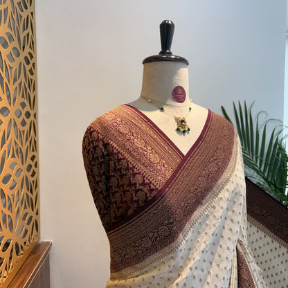 Cream Banarasi Pure Crepe Saree