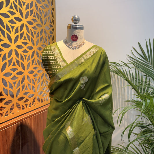 Green Semi Raw Silk Banarasi Saree