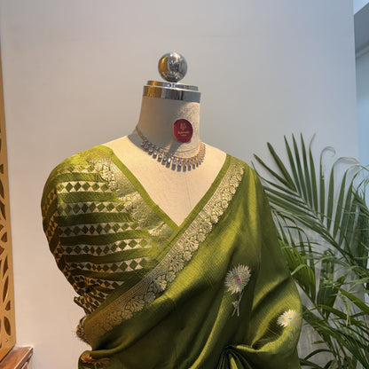 Green Semi Raw Silk Banarasi Saree