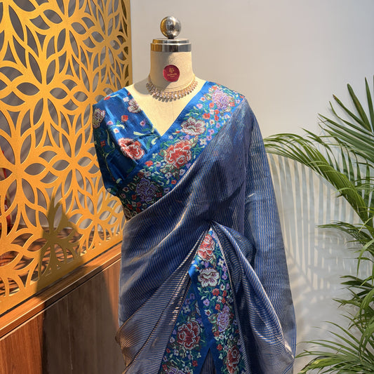 Blue Pure Tissue Embroidered Saree