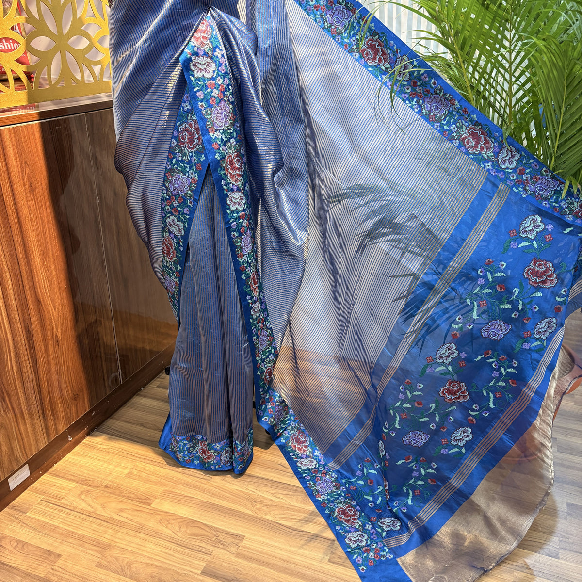 Blue Pure Tissue Embroidered Saree