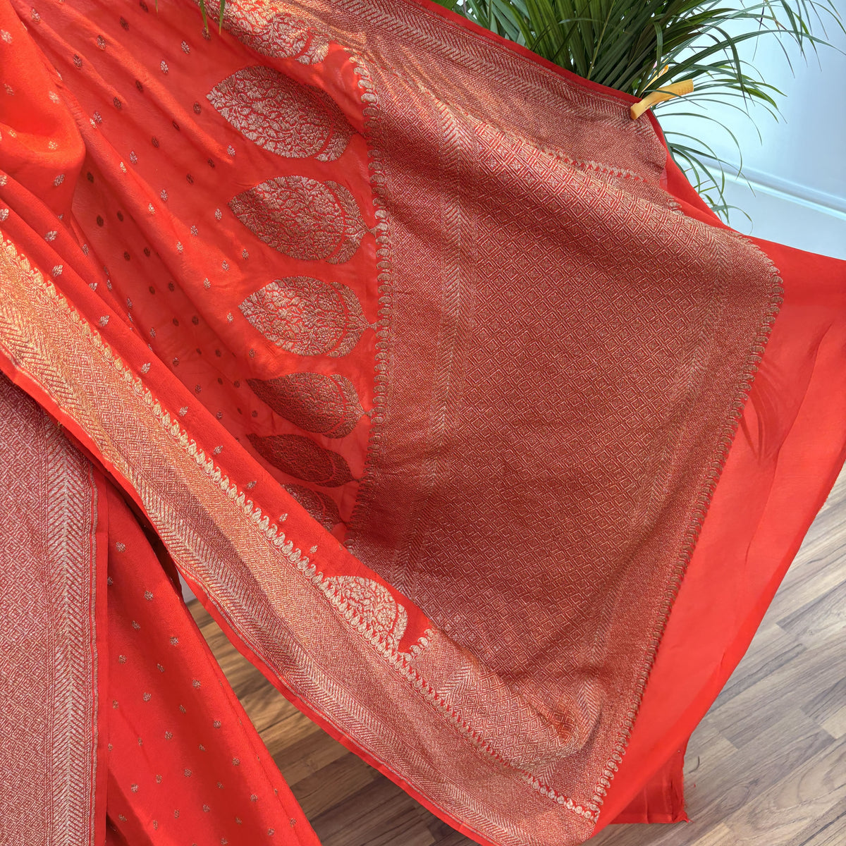Orange Banarasi Pure Crepe Saree