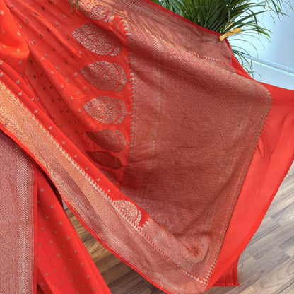 Orange Banarasi Pure Crepe Saree