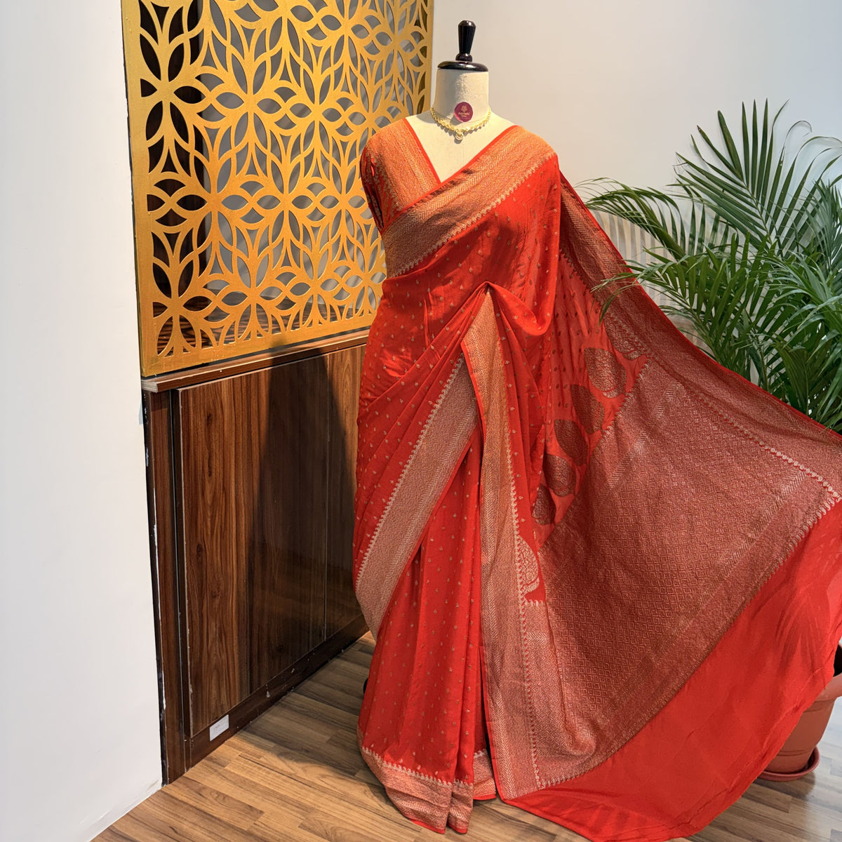 Orange Banarasi Pure Crepe Saree