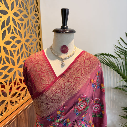 Mauve Embroidered Banarasi Pure Crepe Saree