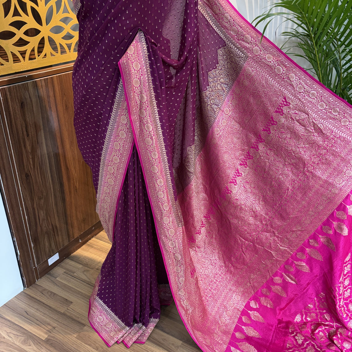Wine Banarasi Pure Crepe Saree