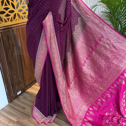 Wine Banarasi Pure Crepe Saree