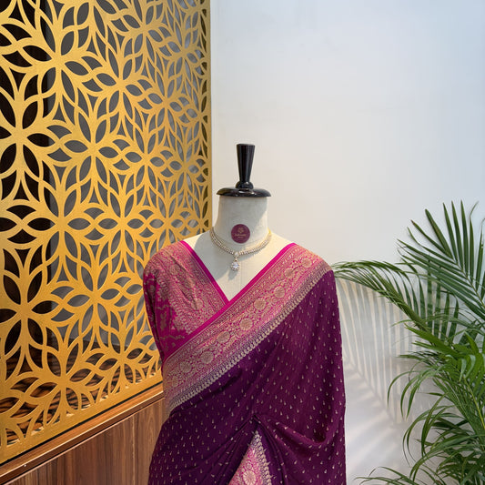 Wine Banarasi Pure Crepe Saree