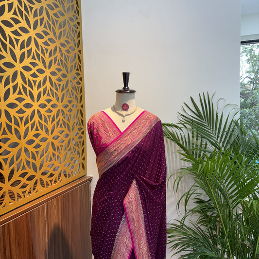 Wine Banarasi Pure Crepe Saree