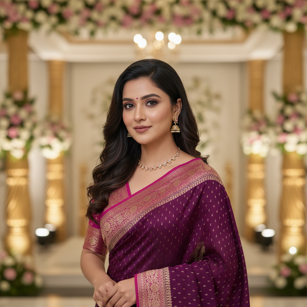 Wine Banarasi Pure Crepe Saree