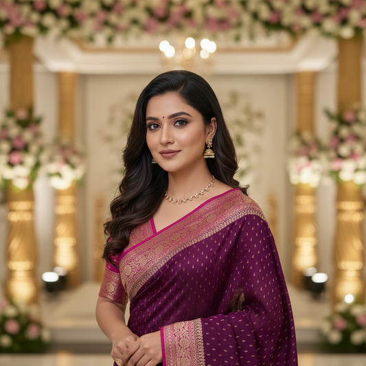 Wine Banarasi Pure Crepe Saree