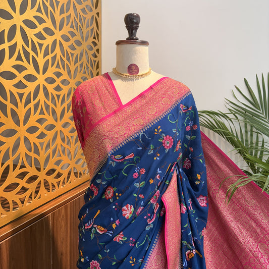 Blue Embroidered Banarasi Pure Crepe Saree