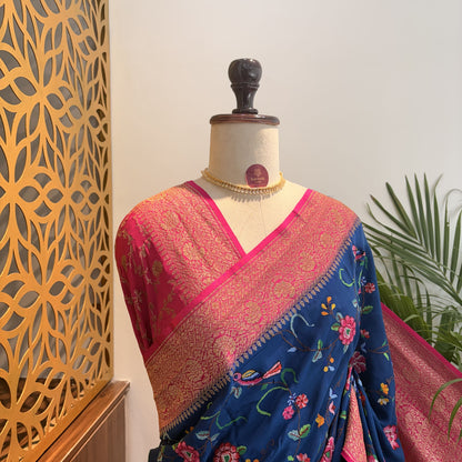 Blue Embroidered Banarasi Pure Crepe Saree