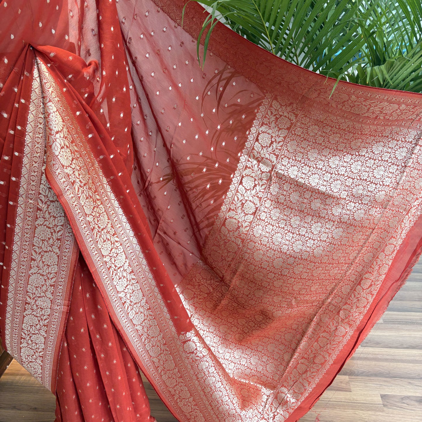 Rust Orange Semi Khaddi Georgette Saree