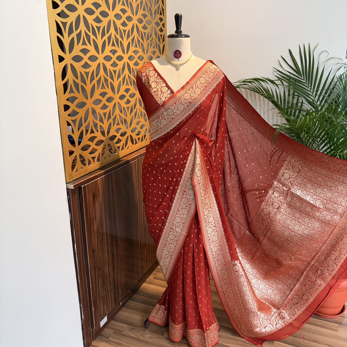 Rust Orange Semi Khaddi Georgette Saree