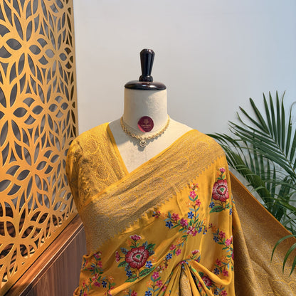 Yellow Embroidered Banarasi Pure Crepe Saree