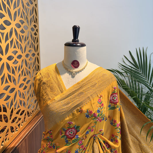 Yellow Embroidered Banarasi Pure Crepe Saree