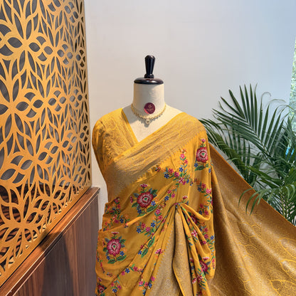 Yellow Embroidered Banarasi Pure Crepe Saree