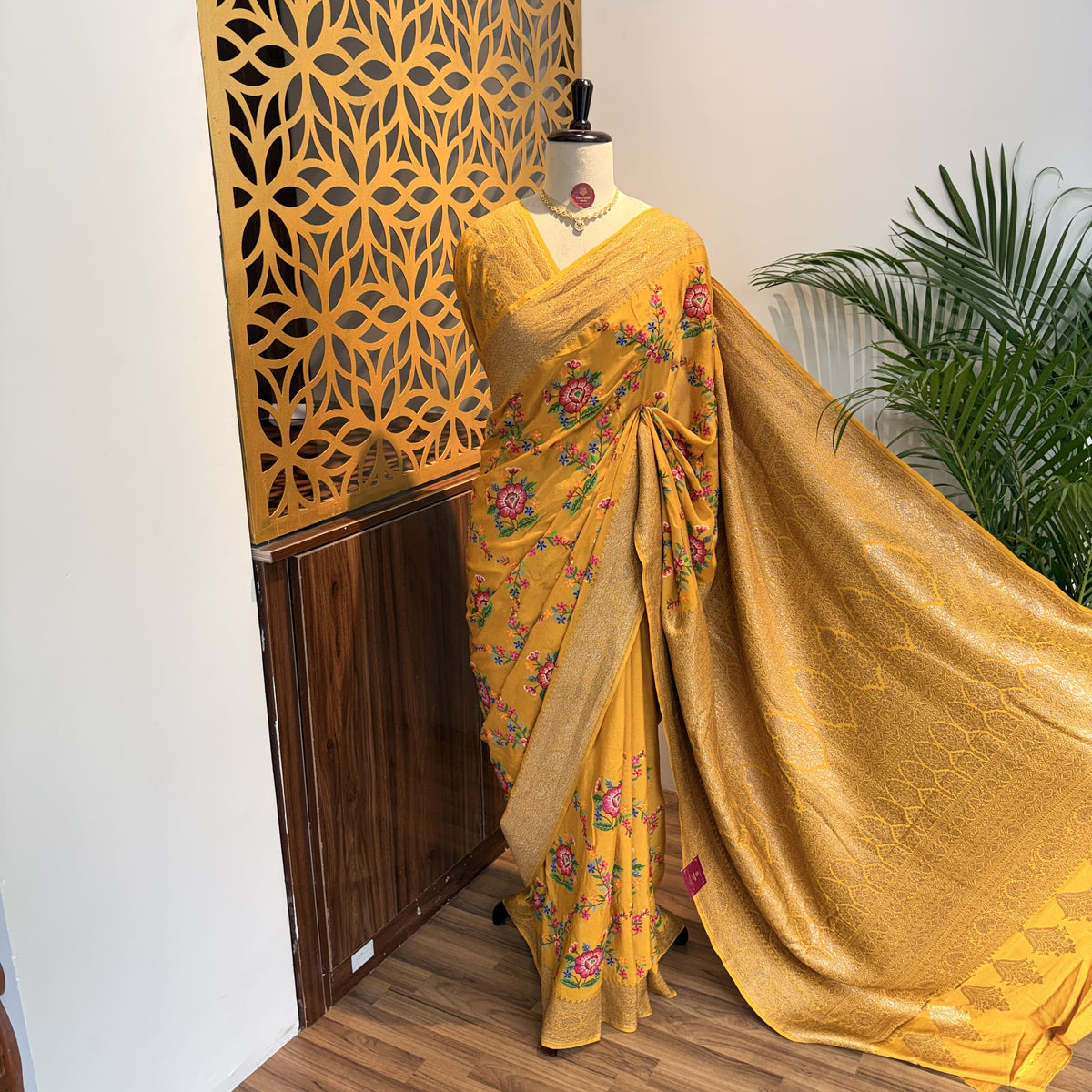 Yellow Embroidered Banarasi Pure Crepe Saree