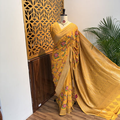 Yellow Embroidered Banarasi Pure Crepe Saree