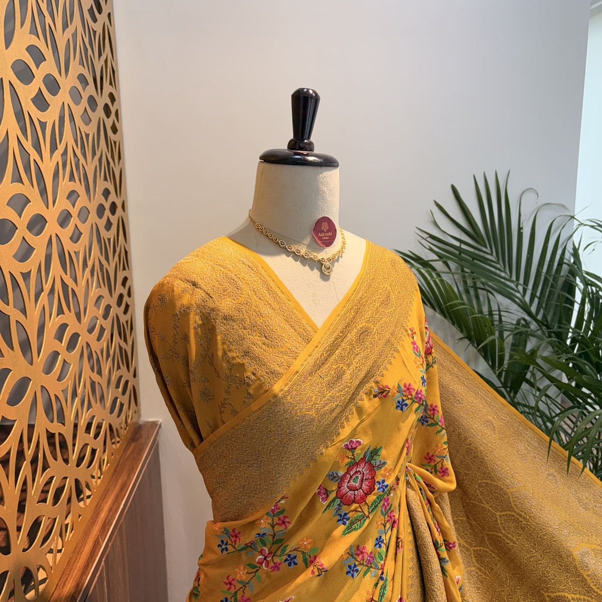 Yellow Embroidered Banarasi Pure Crepe Saree