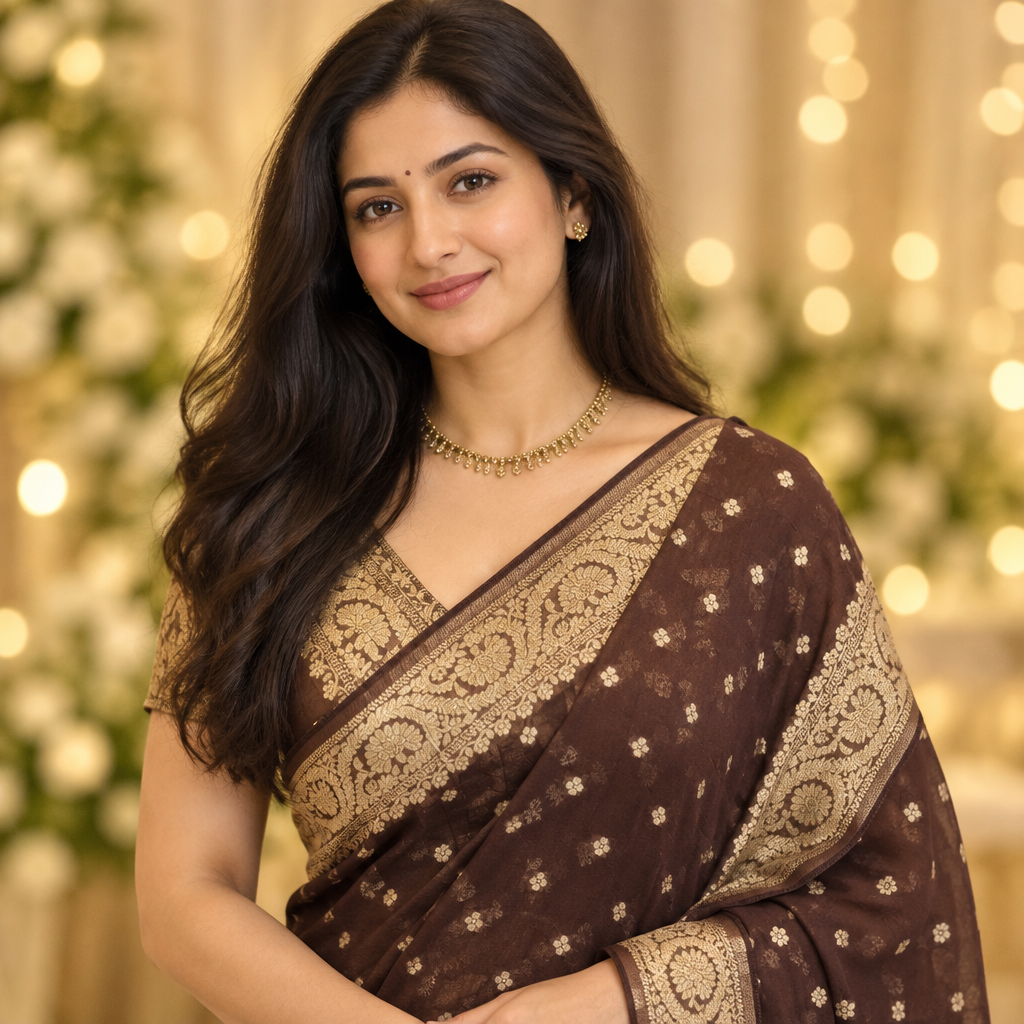 Brown Semi Khaddi Georgette Saree