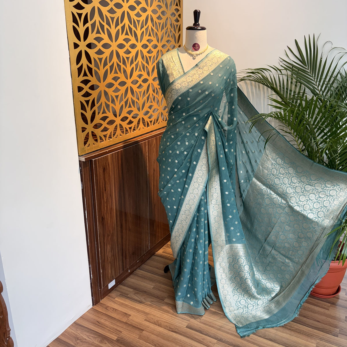 Sea Green Semi Khaddi Georgette Saree
