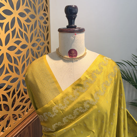 Lime Green Semi Raw Mango Banarasi Saree