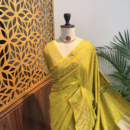 Lime Green Semi Raw Mango Banarasi Saree