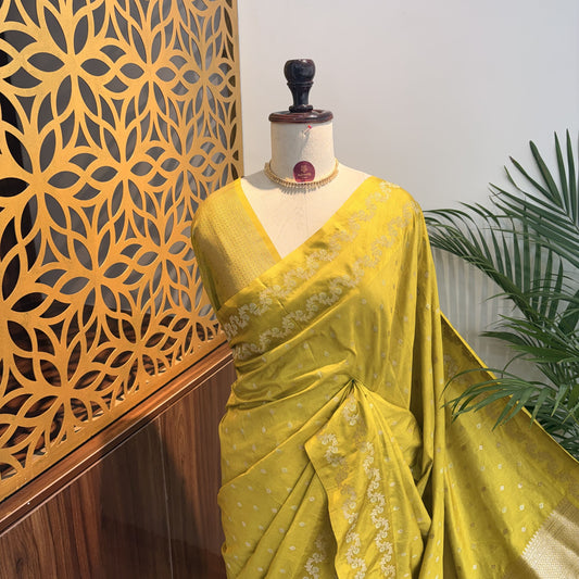 Lime Green Semi Raw Mango Banarasi Saree