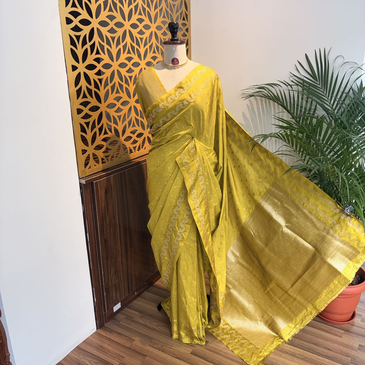 Lime Green Semi Raw Mango Banarasi Saree