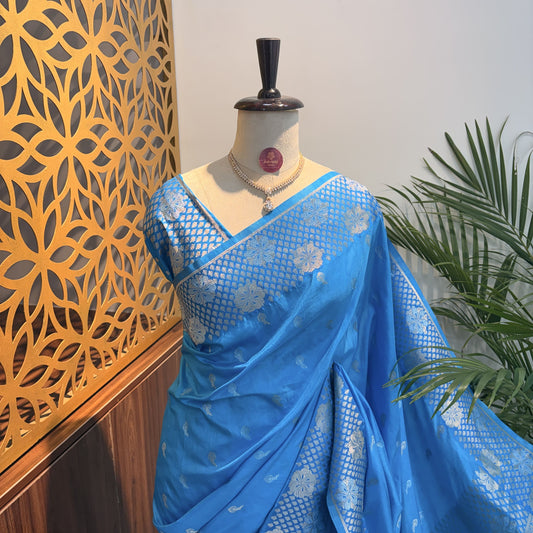 Blue Semi Raw Mango Banarasi Saree – woven (zari) work