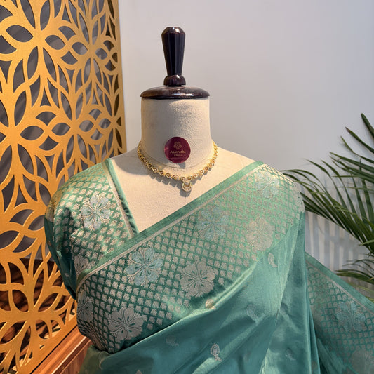 Sea Green Semi Raw Mango Banarasi Saree – woven (zari) work