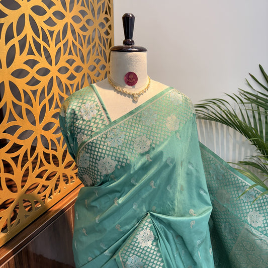 Sea Green Semi Raw Mango Banarasi Saree – woven (zari) work